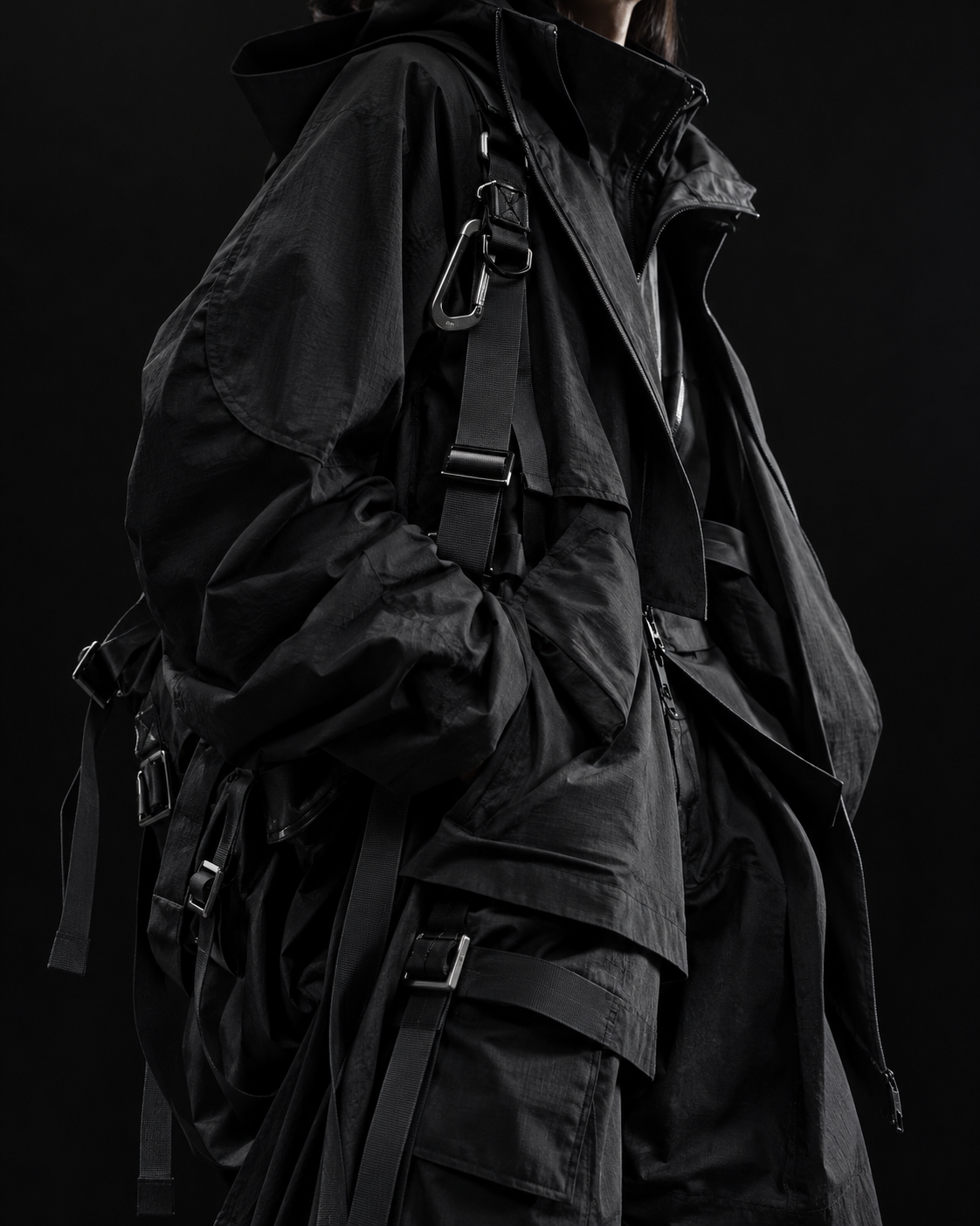 Black technical fabric and layered silhouette from MADIENTISM